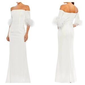 Mac Duggal 11441 White Off Shoulder Feather Sleeve Bridal Gown NWT